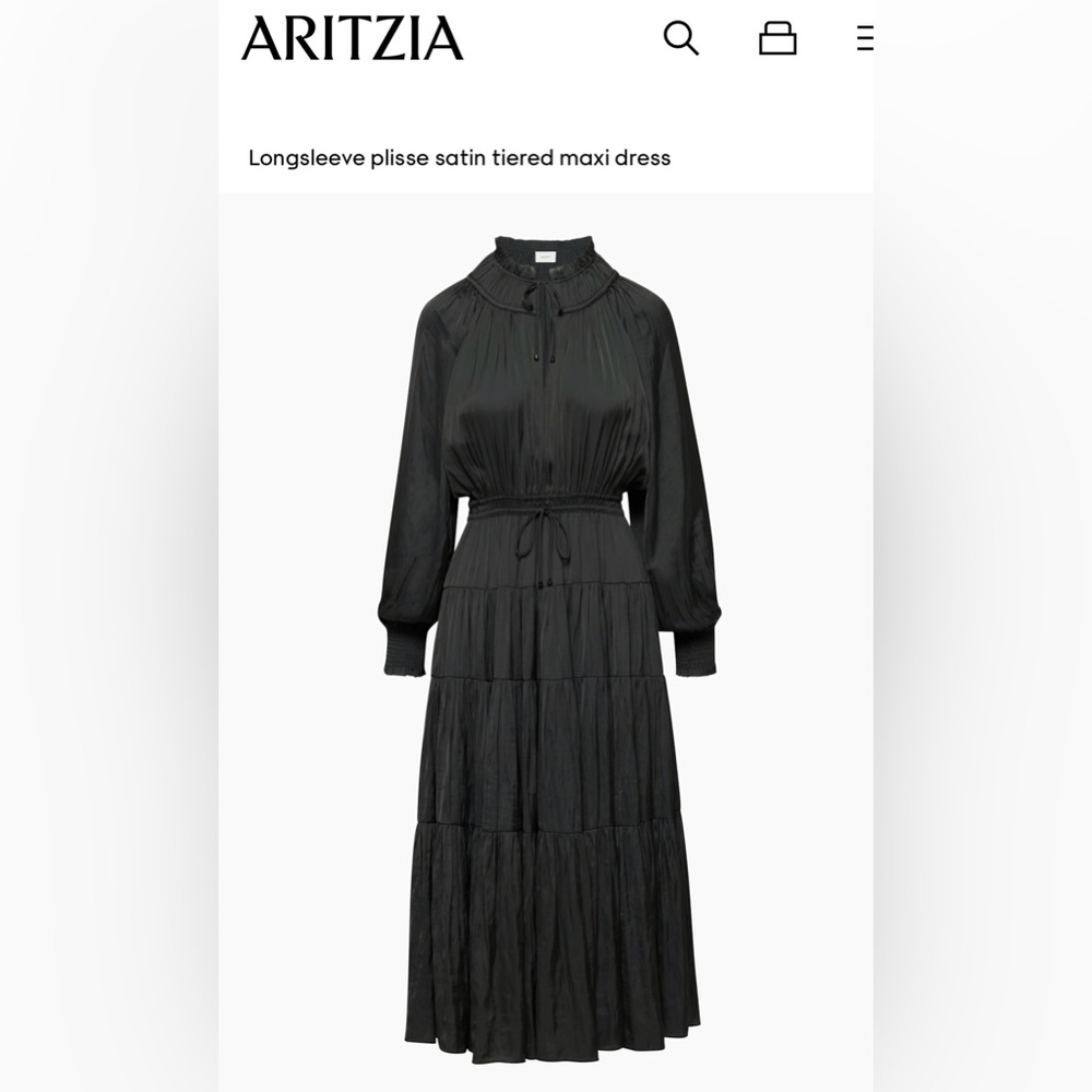 Aritzia Black Longsleeve Dinette Plisse Satin Tiered Maxi Dress